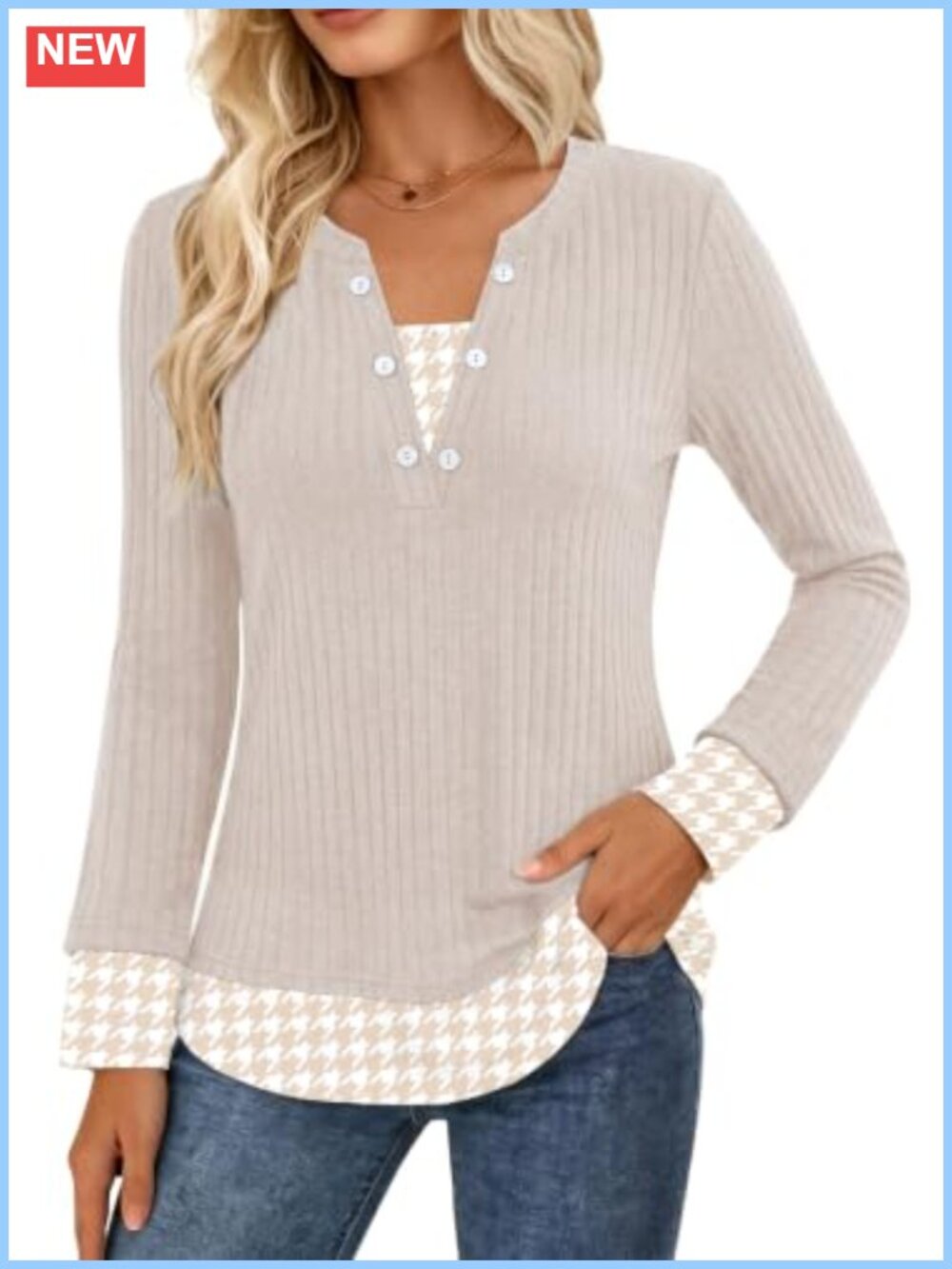 Womens Long Sleeve V Neck Knit Tunic Sweater Faux Layer Plaid Trim Teacher Top